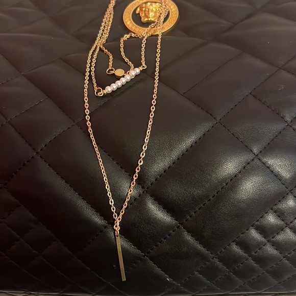 New three chain dangle necklace bar and faux pearl beaded - Picture 2 of 8